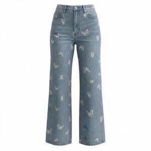 Simple Society Wide Leg Light Wash Jeans with white butterflies stamped Sz 1/25